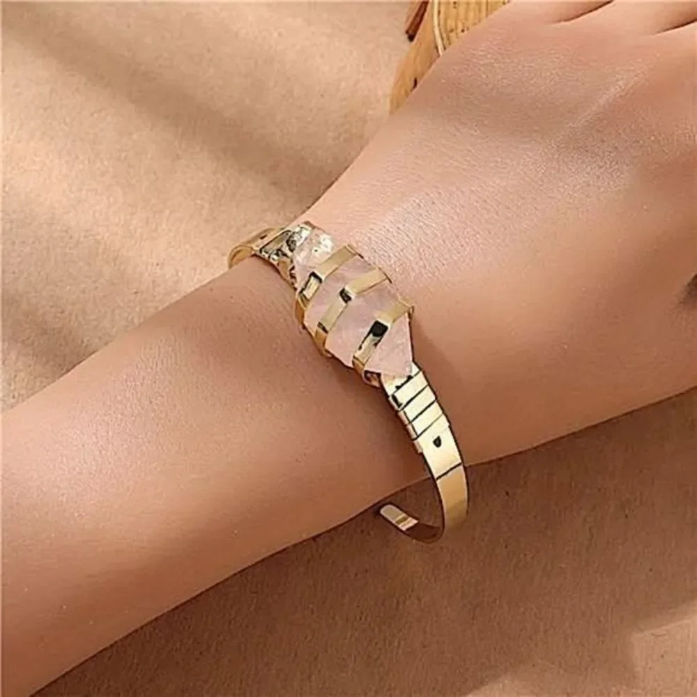 Artisan Free Spirit Unique Pink Stone Cuff Bracelet Minimalist Gold Tone Jewelry